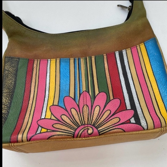 Anuschka Leather Hand Painted Flower Boho Hobo Shoulder Bag - Picture 4 of 9